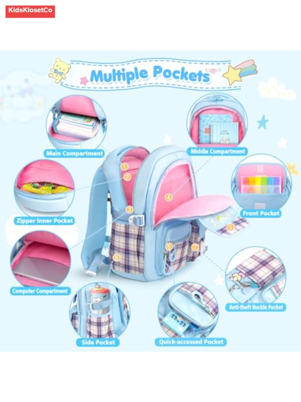 Anti-Theft Kids Backpack with 24 Pcs Accessories, School Bookbag for Girls, - Picture 2 of 5